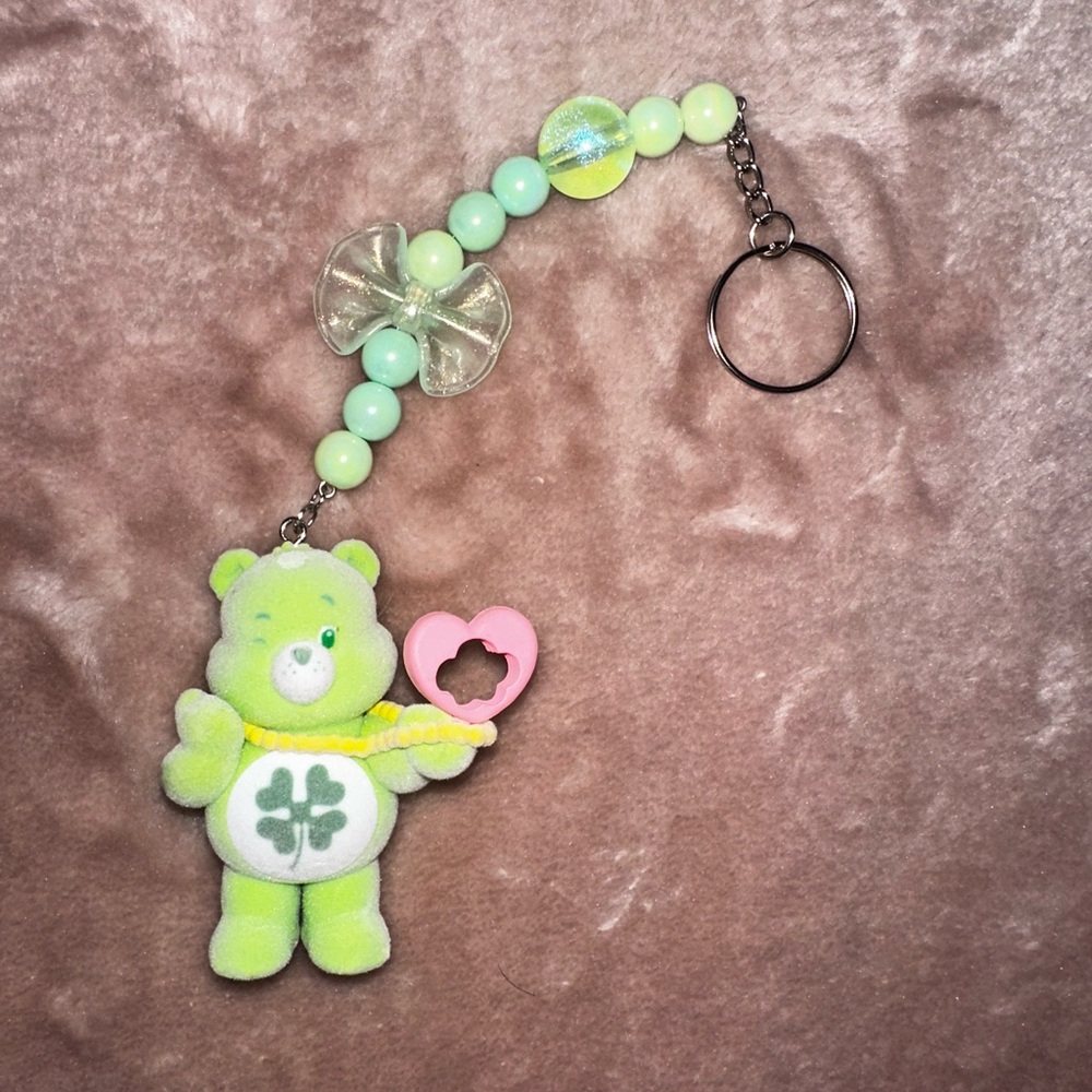 Green Care Bear Beaded Keychain